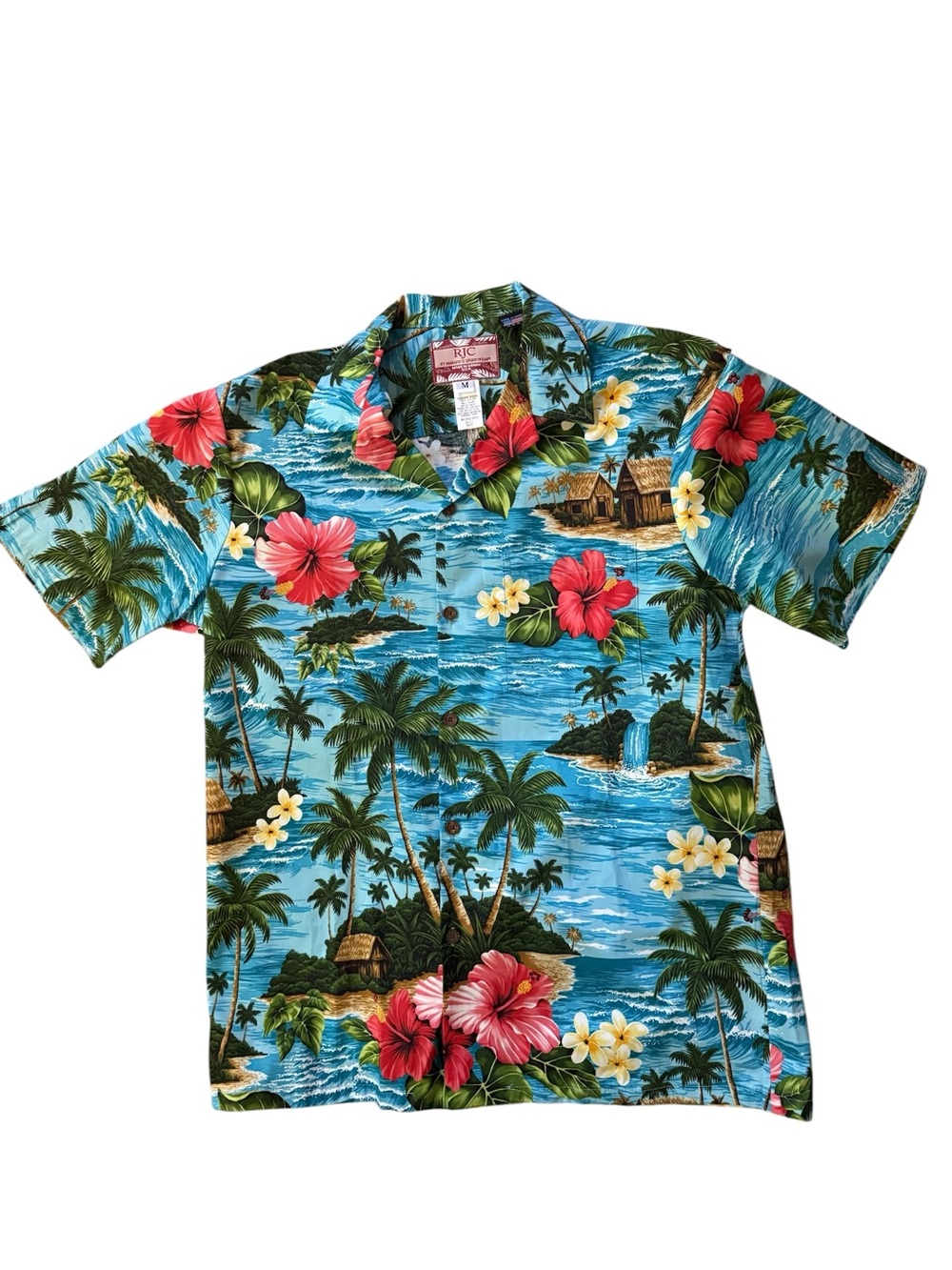 Vintage RJC Shirt Mens Medium Made In USA Blue Tropical Hawaiian Button Up SS